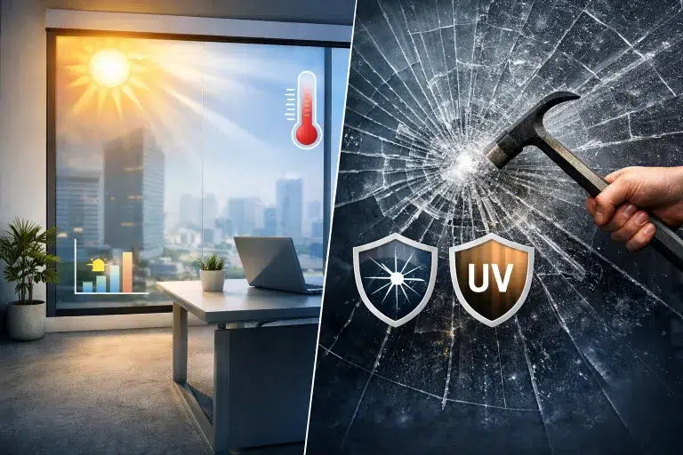 Modernes Büro mit Glasfront, bei dem Sonnenschutzfolie für angenehmes Licht sorgt und eine Sicherheitsfolie gesprungenes Glas stabil zusammenhält.